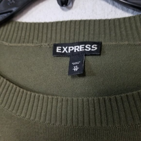 Womens EXPRESS Crew Neck Embellished Sleeve Fitted Sweater Olive Green Sz XS - Picture 4 of 5